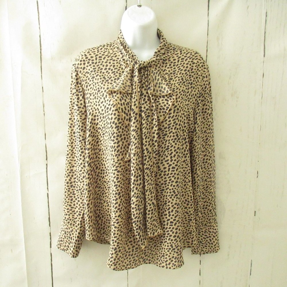 Ann Taylor Top L Large Petite Beige Black Animal Print Tie Neck Long Sleeve